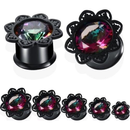 2PCS Steel Dark Light Crystal Zircon Ear Tunnel Plugs Vintage Lace Single Flared Ear Flesh Gauges Expander Body Piercing Jewelry