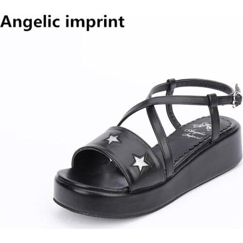 Angelic imprint woman mori girl lolita cosplay shoes lady mid heels wedges pumps women princess summer dress sandals star 33-47