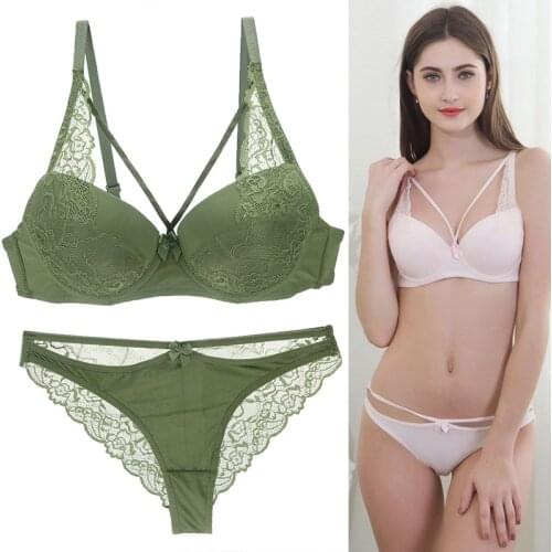 Womens Thong Sexy Underwear Set Green Bra Brassiere Women Lingerie Set Lace Embroidery Panties Push up Bra Sets Deep V Gather