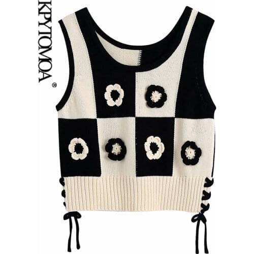 KPYTOMOA Women 2021 Fashion Floral-Shaped Crop Crochet Knit Vest Sweater Vintage Sleeveless Side Ties Female Waistcoat Chic Tops