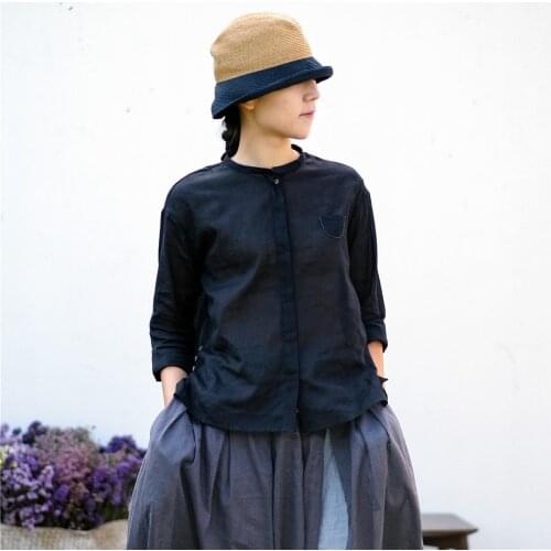 2019 Autumn Literature Pure Ramie Solid Color Black Long Sleeve Ma'am Shirt Jacket