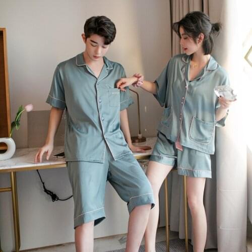 Summer Couple Pajamas Set Men Women Short Sleeve Shorts Whit Pocket Sleepwear Satin Sleepwear pijama pyjama