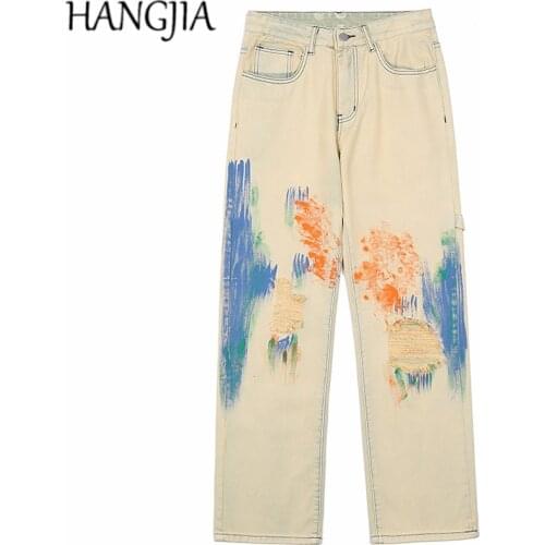 Harajuku Streetwear Washed Distressed Graffiti Jeans for Men and Women High Street Fashion Hip-hop Ripped Straight Denim Pant