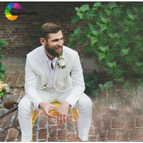 Latest Designs Beige Linen Men Suits Wedding Jacket Pants Slim Fit Groom Tuxedo 2Piece Casual Prom Wear Classic Costume Homme