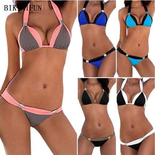 New Sexy Solid Patchwork Bikini Women Swimsuit Backless Halter Swimwear S-3XL Girl Plus Size Bathing Suit Micro Bikini Set