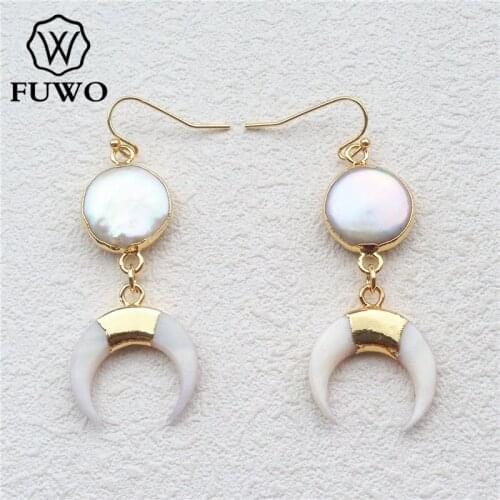 FUWO Fashion Pearl Shell Crescent Earrings With 24K Gold Filled Raw Flat Drop Baroque Pearl Horn Earring Jewelry Wholesale ER522
