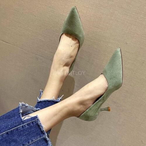LLOGAI Pumps Spring New Pointed High-Heeled Suede Shoes Europe America Style Large Size Pointed Toe Slip-On Zapatos Rojos Mujer