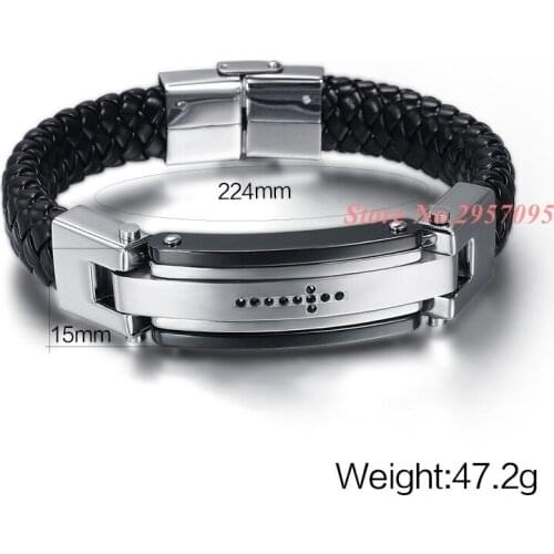 Unique Designer 316L Stainless Steel Bracelets & Bangles Mens Gift Black Leather Knitted Cross Shape Bracelet Men Jewelry