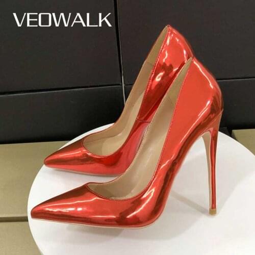 Veowalk Women Shiny Red Patent Pointed Toe Stiletto High Heels Wedding Bridal Shoes Chic Ladies Slip On Party Pumps Size 33-45