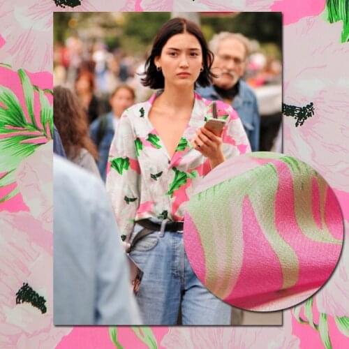 Bright fluorescent pink floral and leaves print pure silk crepe de chine fabric,sewing for shirt,dress,skirt,craft by the yard