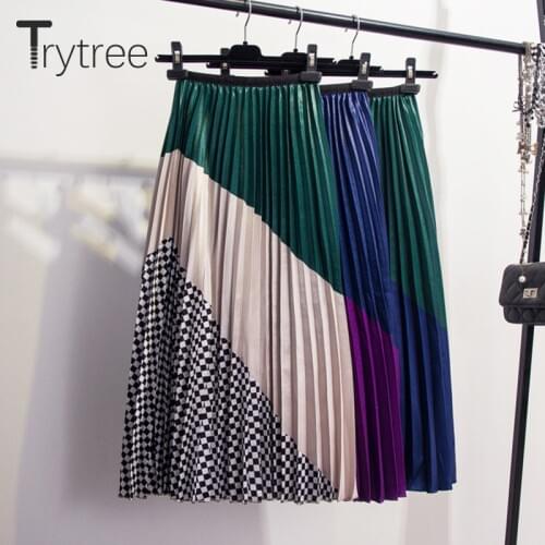 Trytree Summer Autumn Pleated Skirt Women Striped Patchwork Plaid Skirt Mid-Calf Elastic Waist Skirts A-Line High Street Skirt