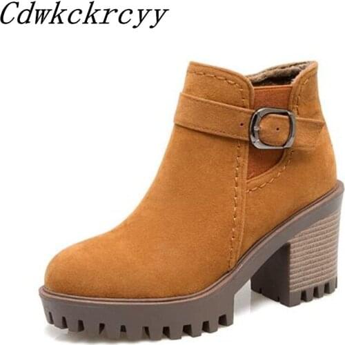 Women Boots Autumn winter New style Cashmere Keep warm Short boots Belt buckle Waterproof Coarse heel Middle tube Martin boots