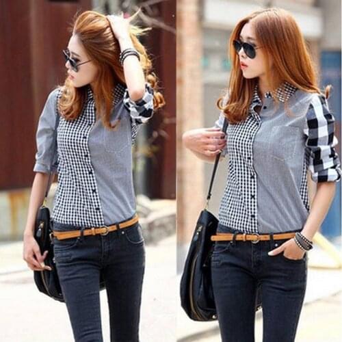 Women Plaid Shirts 2020 Spring Long Sleeve Blouses Shirt Office Lady Cotton Lace up Shirt Tunic Casual Tops Size Blusas