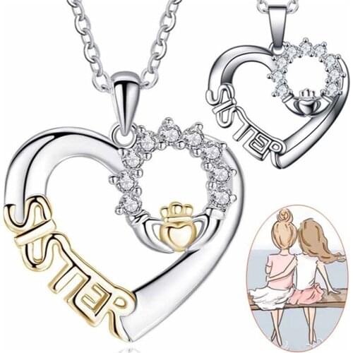 WomenS Fashion Heart Hand Crown Pendant Sister Letter Zircon Necklace Best Sisters Gifts Jewelry