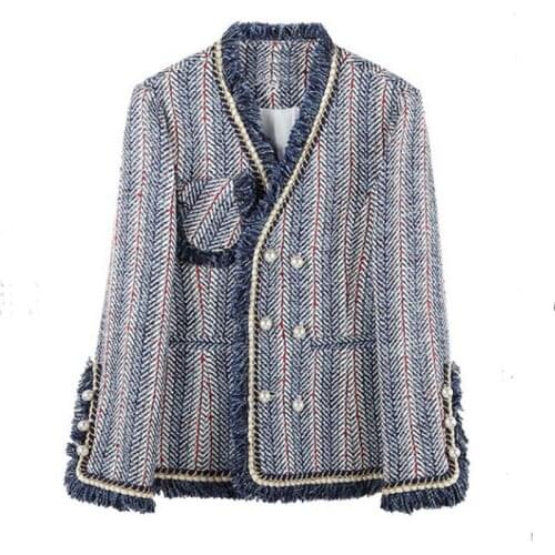 Korean 2021 autumn winter new womens fashion striped thickened fringed tweed suit jacket