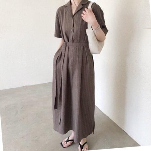 Women Summer Cotton Linen Long Striped Shirt Dress Sashes 2021 Short Sleeve High Waist A-line Maxi Sundress