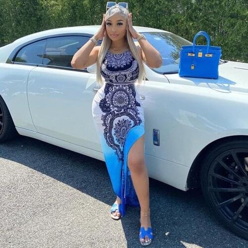 Gradient Paisley Bandanna Print Womens Dress Summer Spaghetti Strap Side High Split Long Dress Retro Cross Backless Vestidos