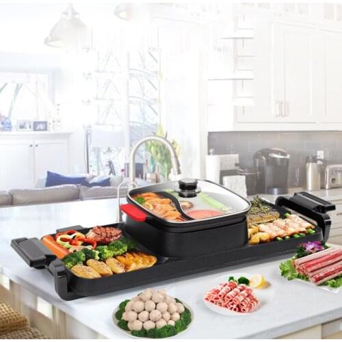 2 in 1 Electric BBQ Grill Indoor Hot Pot 2200W Non-Stick Baking Pan Separate Dual Temperature Control Smokeless Barbecue