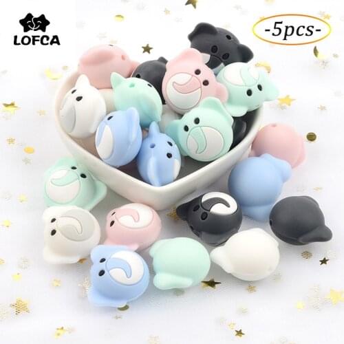 LOFCA Silicone Beads Elephant 5pcs Cartoon BPA Free Food Grade Silicone beads Baby Teething Chew Toy DIY Pacifier Chain Necklace