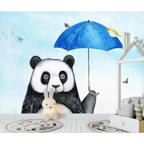 Bacal Custom Lovely cartoon panda umbrella animal little bird fresh hand-painted 3D wallpaper mural Nordic childrens room decor