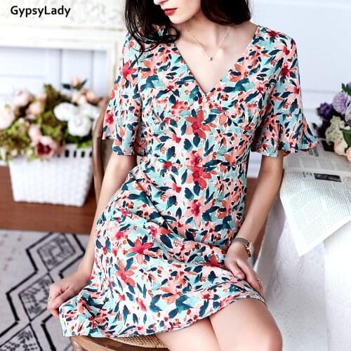 GypsyLady Floral Summer Mini Dress Casual Chic Holiday Womne Dress Ruffles V-neck Sexy Button Front Ladies Female Dresses 2021