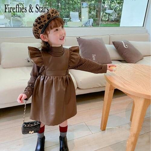 Spring Autumn girls suspender dress Baby PU dress for kids Children jumper skirt faux leather ruched flying sleeve 1 to 7 yrs