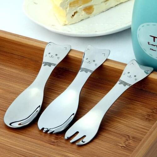 Cartoon cat pattern dessert spoons 2 in 1 Sweets ice cream spoons 304 stainless steel tableware