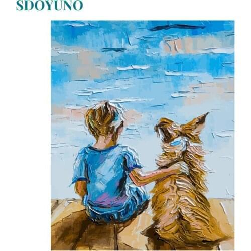 SDOYUNO Painting By Numbers Kits Boy And Dogs DIY 60x75cm Oil Paint By Numbers On Canvas Frameless Handpaint Draw Number Decor