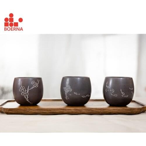 BOERNA Chinese Teacup Drinkware Ancient Kiln Nixing Pottery Tea bowl Ceramic Cup KungFu Tea Pu'er Handmade 2pcs for Tea Ceremony