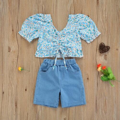 Toddler Girls Summer Floral Short Puff Sleeve Ruffles Drawstring Tops and Solid Denim Short Pants With Pocket Children Outwear