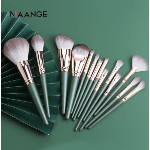 MAANGE 14pcs Green Makeup Brushes Set With bag Large Loose Powder Eyeshadow Foundation Contour Synthetic Hair crochas maquillaje