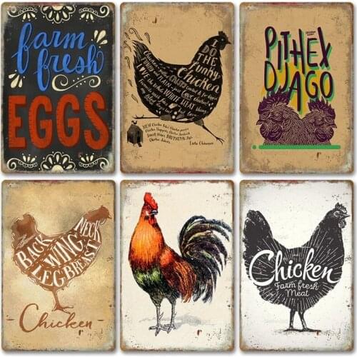 Retro Chicken Metal Tin Sign Vintage Rooster Hens Poster Plates Plaque Painting Kitchen Bar Pub Farm Home Wall Decor 20X30Cm