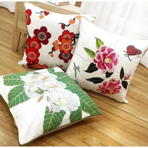 Home Decor Emboridered Cushion Cover Country flowers Canvas Embroidery Pillow Cover 45x45cm