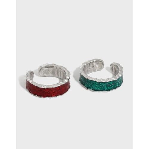 SHANICE Real S925 Sterling Silver Open Ring Red Green Irregular micro-inlay glue Punk Hip Hop Opening Adjustable Ring Statement