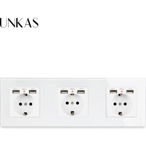 Crystal Glass Panel EU Standard Wall Socket With 6 USB Charge Port For Mobile Hidden Soft LED Indicator 258*86mm