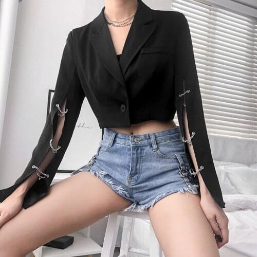 Sexy Blazer Jacket Women Metal Chain Short Coats Spring Long Sleeve Top New Streetwear Harajuku Punk Short Coats