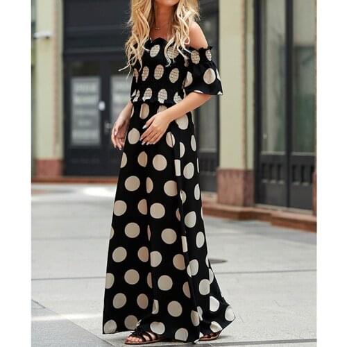 Off Shoulder Maxi Dress Dots Slash Neck Flare Neck A Line Ankle-length Long Dress Elastic Ruffles Plus Size Streetwear Fashion