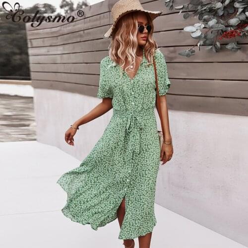 Colysmo Print Shirt Dress with Belt Short Sleeve Single Breasted High Waist Midi Casual Dress Women Fashion Vacation Robe 2021
