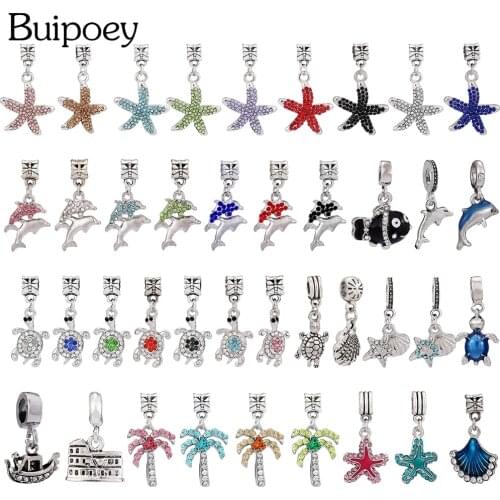 Buipoey Marine Style Starfish Dolphin Turtle Pendant Crystal Scallop Dangle Charm Fit Original Bracelets Jewelry Accessories
