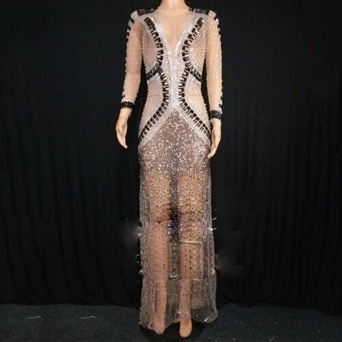 See Through Silver Black Rhinestones Dress Bar Birthday Celebrate Dresses Prom Dance Mesh Outfit Women Singer Stage Wear DT1781