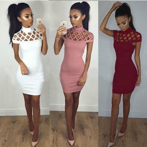 Sexy Women Bandage Bodycon Slim Short Sleeves Hollow Halter Evening Party Pencil Mini Dress Summer Vestidos Mujer