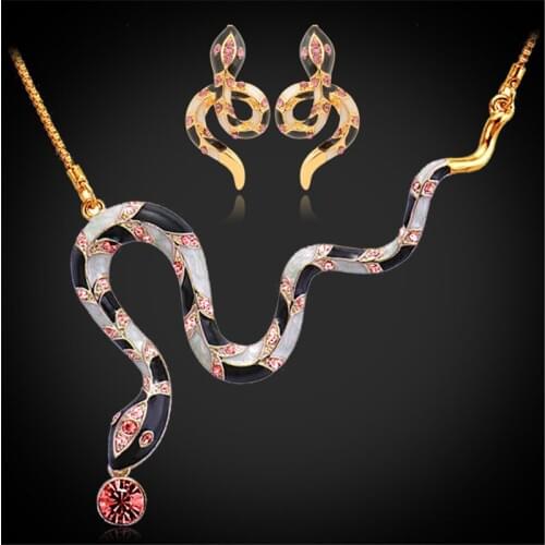 Big Snake Pendant Earrings Gold Color Clear Austrian Rhinestone Choker Necklace Set Jewelry For Women MGC NE216