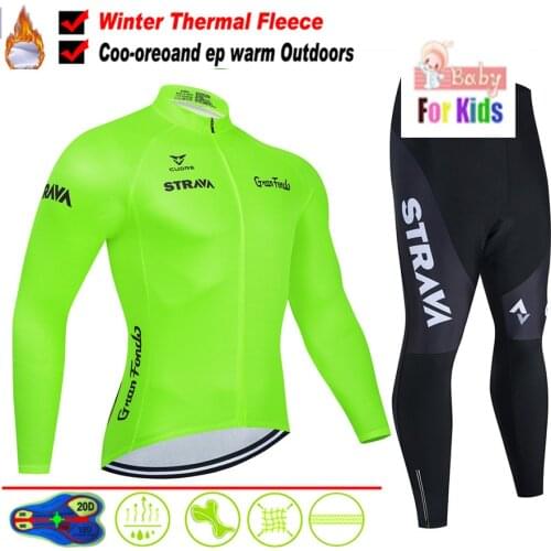 Strava Pro Team Winter Thermal Fleece Cycling Clothes kids Long Sleeve Jersey Suit Outdoor Riding Bike MTB Clothing Pants Set