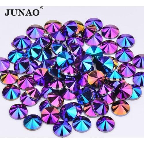 JUNAO 4 5 6 10mm Black AB Rivoli Crystal Rhinestones Acrylic Crystals Flat Back Round Stones Non Hotfix Strass for Clothes Craft