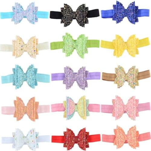 Solid Color Double Layer Sequins Bowknot Newborn Headband 9*5.5 CM Handmade Leather Bows Hair Bands Baby Girls Accessories