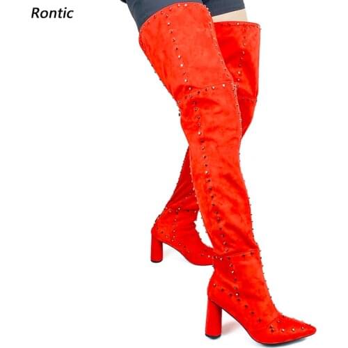 Rontic Women Winter Thigh Boots Unisex Faux Suede Sexy Rivets Block Heels Pointed Toe Gorgeous Red Pink Party Shoes US Size 5-16