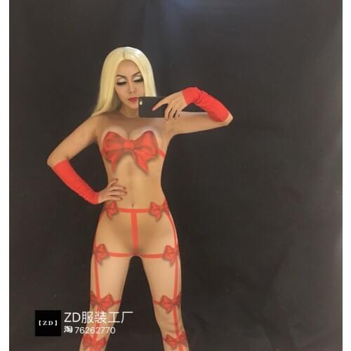Women New 3D Bowknot Printing Sexy Jumpsuit Party Stage Wear Bodysuit Celebration Singer Dancer Nightclub Clothing Free Shipping
