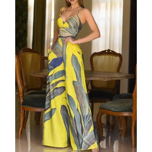 Womens sexy tropical print pocket wide-leg jumpsuit 2021 new bohemian summer party wear casual sleeveless trousers overalls