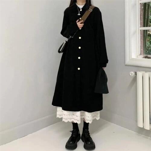 Vintage Gothic Sweet 2pcs Set Women Black Single Breasted Long Shirt Dress +Kawaii Lolita White Lace Embroidery Pleated Skirt