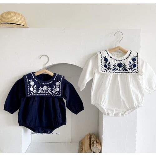 Infants Jumpsuits 2021 Autumn Korean Style Newborn Baby Girls Bodysuits Embroidery Floral Sailor Collar Toddlers Kids Clothes